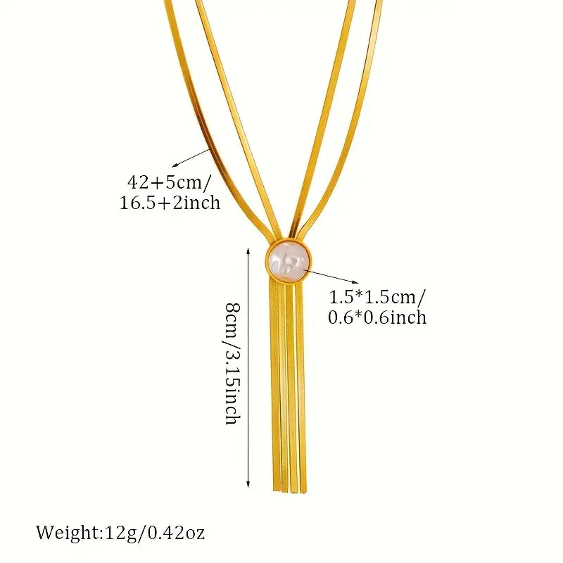 Stainless Steel Multi-Layer Necklace with Four-Tail Design & Imitation Pearl Pendant