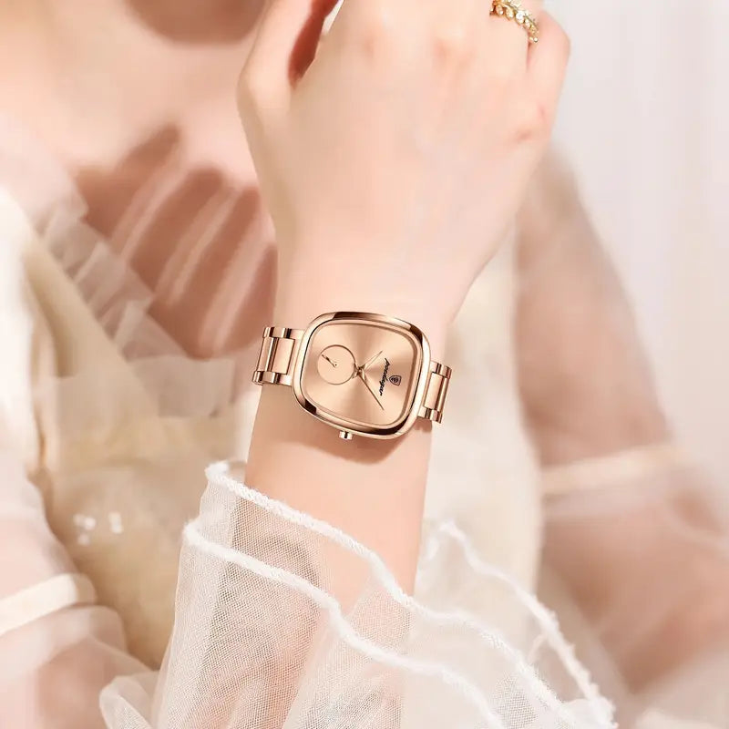 Luxury Stainless Steel Rose Golden Case, Elegant Casual Style