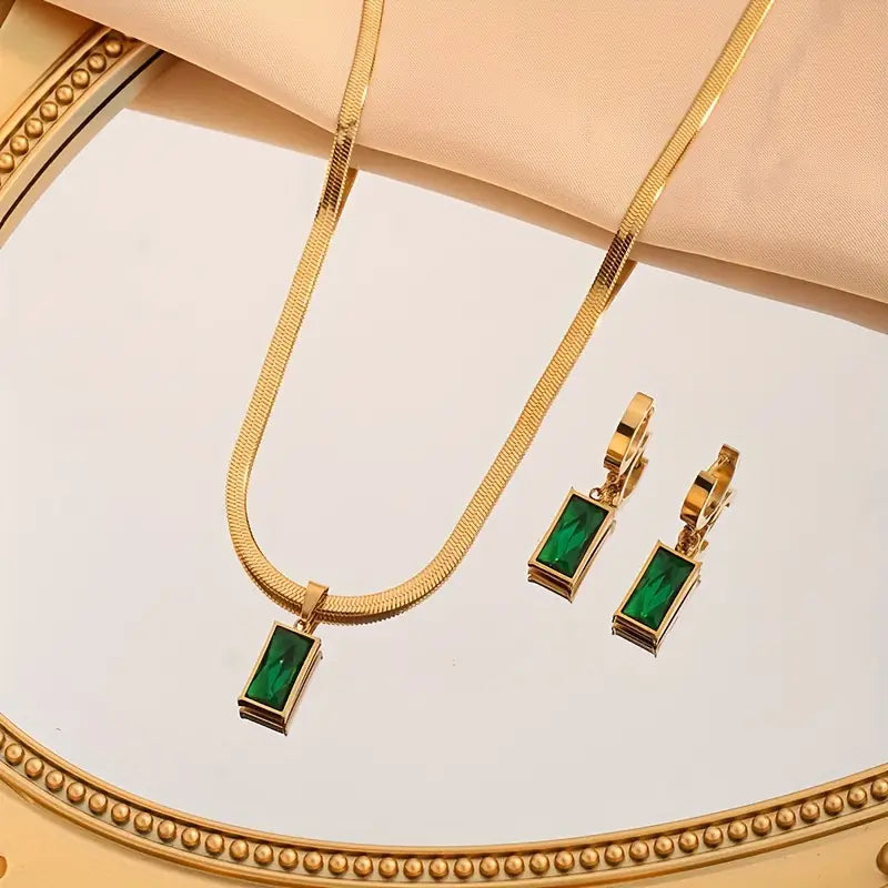 18K Golden Plated Stainless Steel with Sparkling Green Synthetic