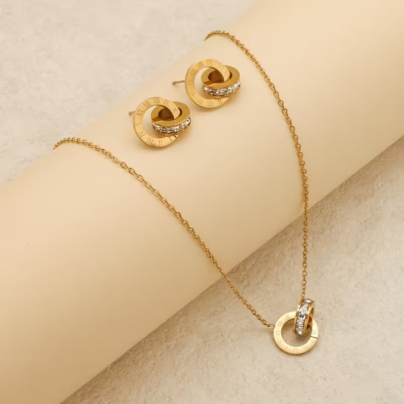 Exquisite And Charming Double Ring Stainless Steel Women's Earring Necklace Set