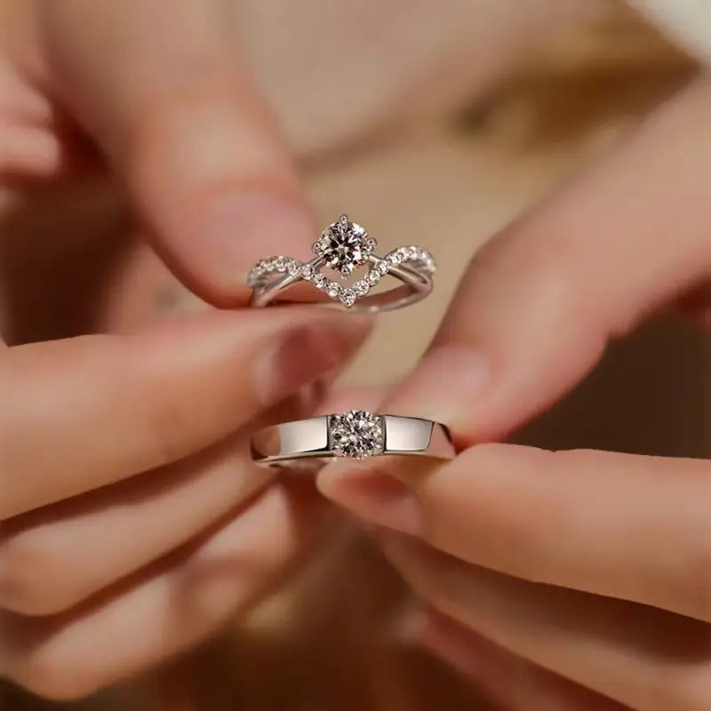 Cubic Synthetic Zirconia Wedding Ring Set - Adjustable Open Band