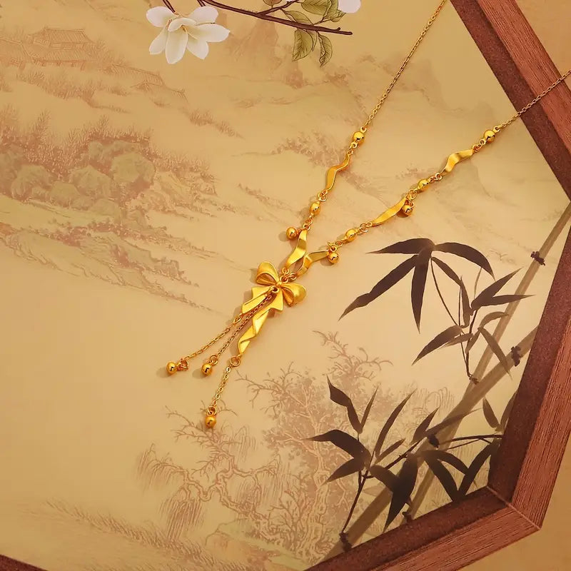 Elegant 18K Golden-Plated Bow Pendant Necklace for Women