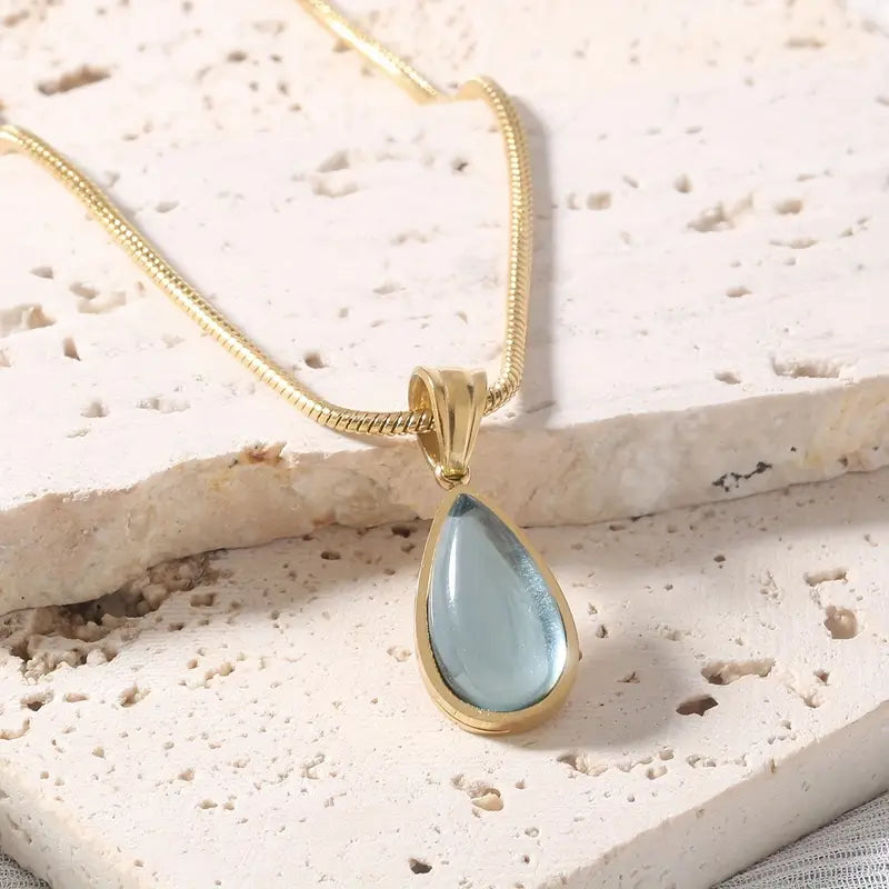 French-Inspired Water Drop Glass Pendant Necklace with 18K Gold Plated Stainless Steel