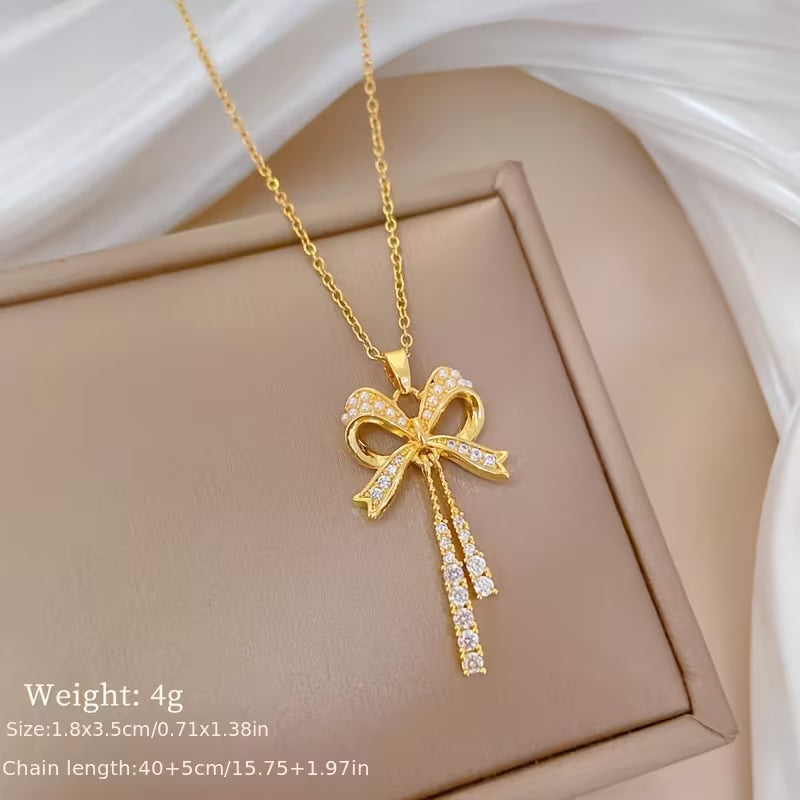 Stainless Steel Zirconia Fringe Bow Pendant Necklace for Women