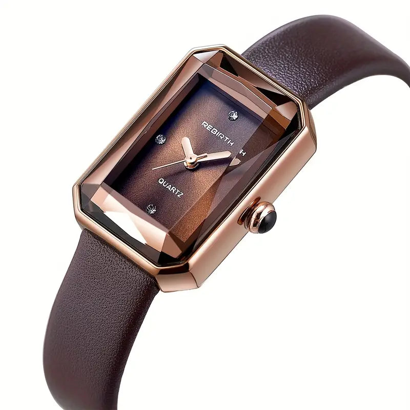 Women's Quartz Watch - Rose Golden Case & Brown PU Leather Strap