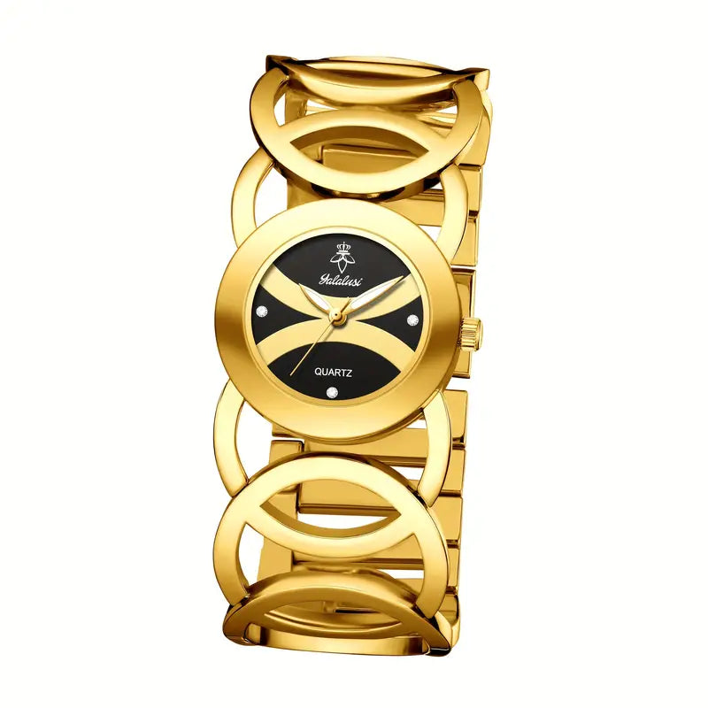 Hollow Circle Design Watch with Rhinestone Accents, Luminous Black Dial