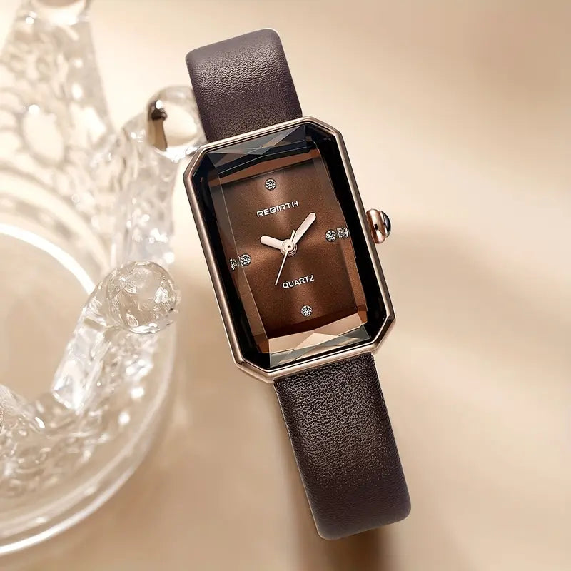 Women's Quartz Watch - Rose Golden Case & Brown PU Leather Strap