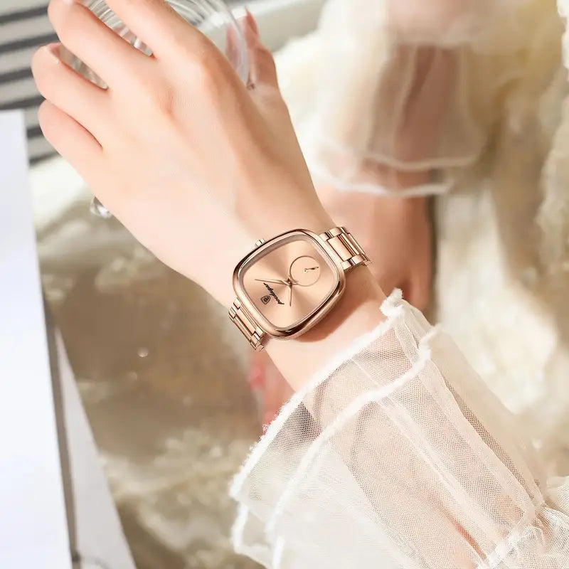 Luxury Stainless Steel Rose Golden Case, Elegant Casual Style