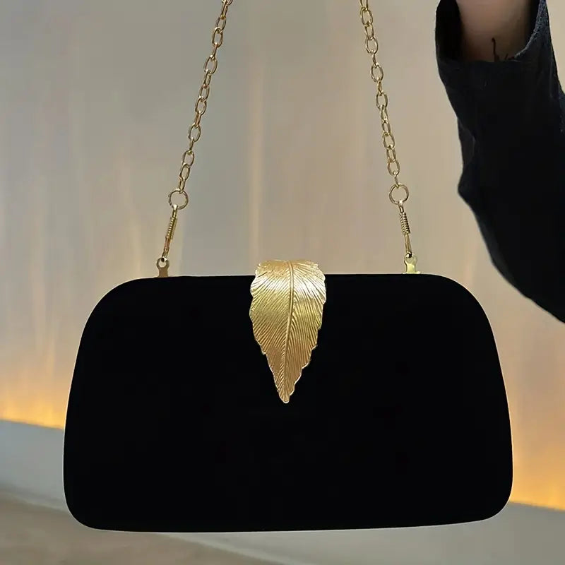 Evening Clutch Purse with Golden Leaf Design - Synthetic Leather Handbag