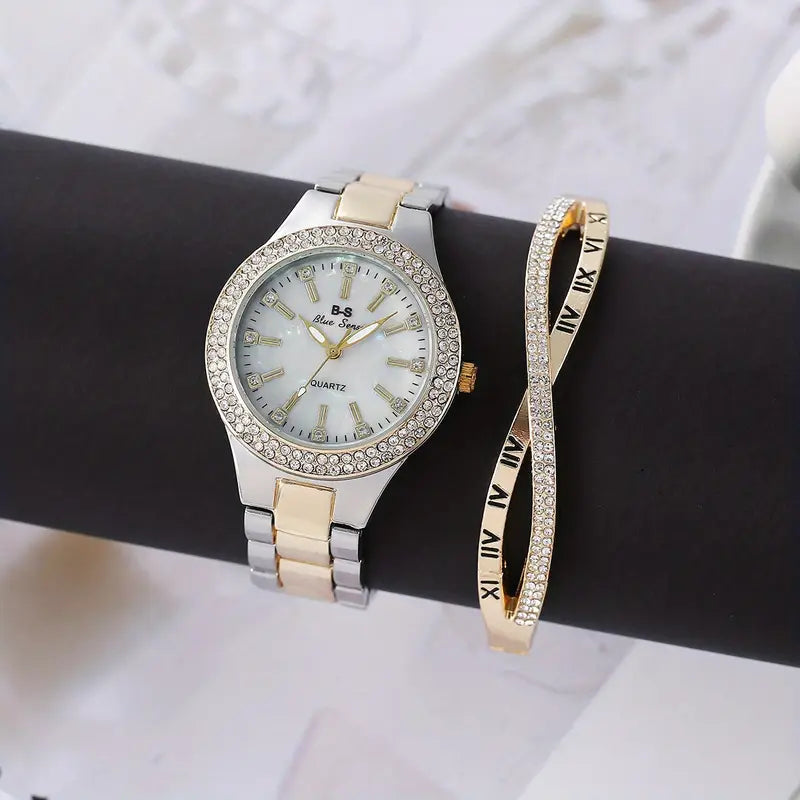 Steel Strap With Drill Ladies Bar Nail Watch With Cross Bracelet