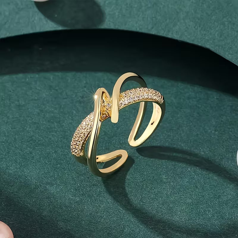 A Shiny And Unique Line Design Adjustable Copper Open Ring, Set with Synthetic Zirconia