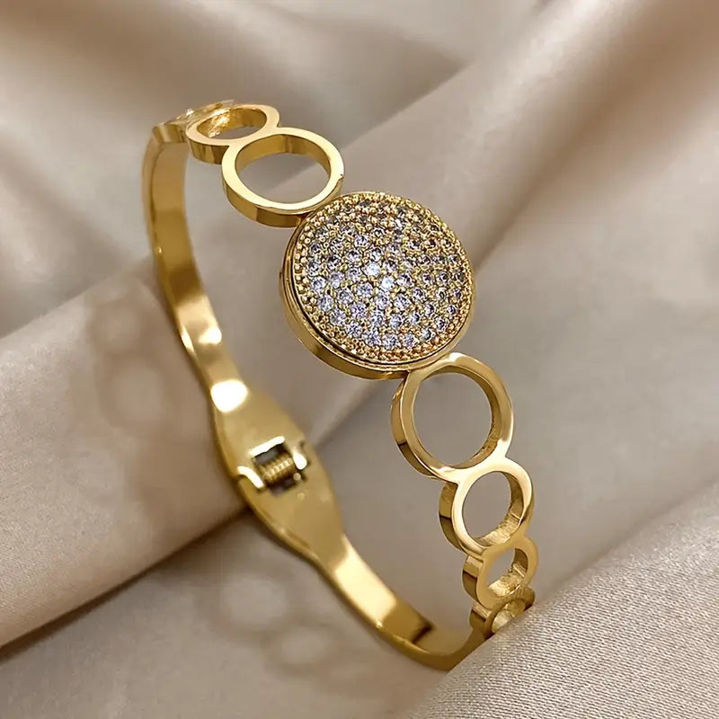 Open Cuff Bangles with Rhinestones Inlaid Charm Hollow Round Bracelet Simple Charm