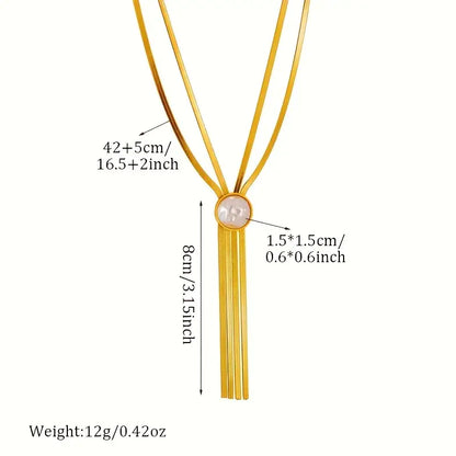 Stainless Steel Multi-Layer Necklace with Four-Tail Design & Imitation Pearl Pendant