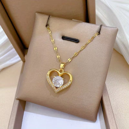 Stainless Steel -Inlaid Heart Pendant Necklace for Women