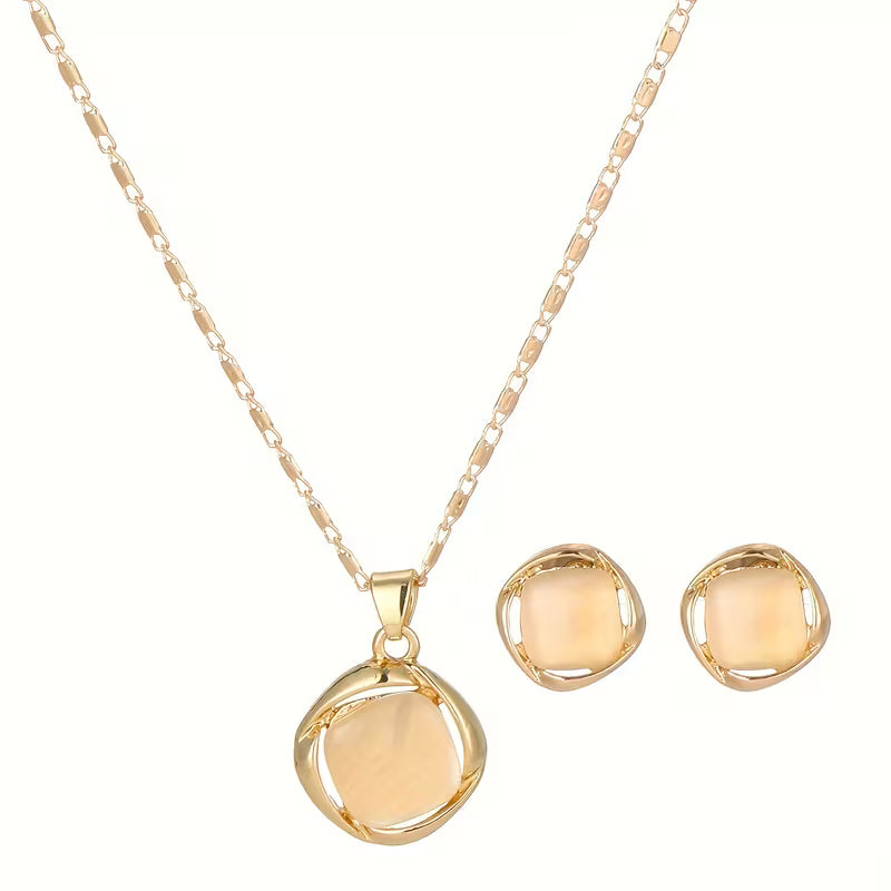 Rotating Round-Corner Square Cat's Eye Pendant Necklace and Earrings Jewelry Set