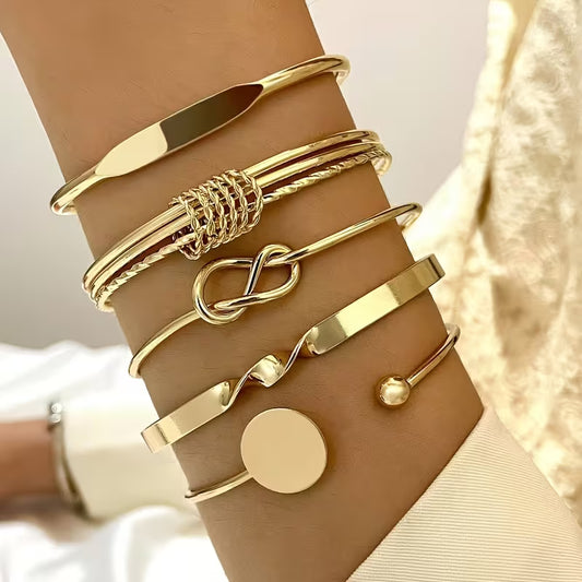 Vintage Wide Bracelet Set, Minimalist Geometric Open Beaded Golden Polished Bangle Jewelry