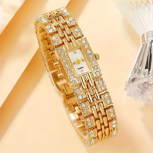 Elegant Ladies' Gold-Tone Square Rhinestone Embellished Quartz Wrist Watch Set