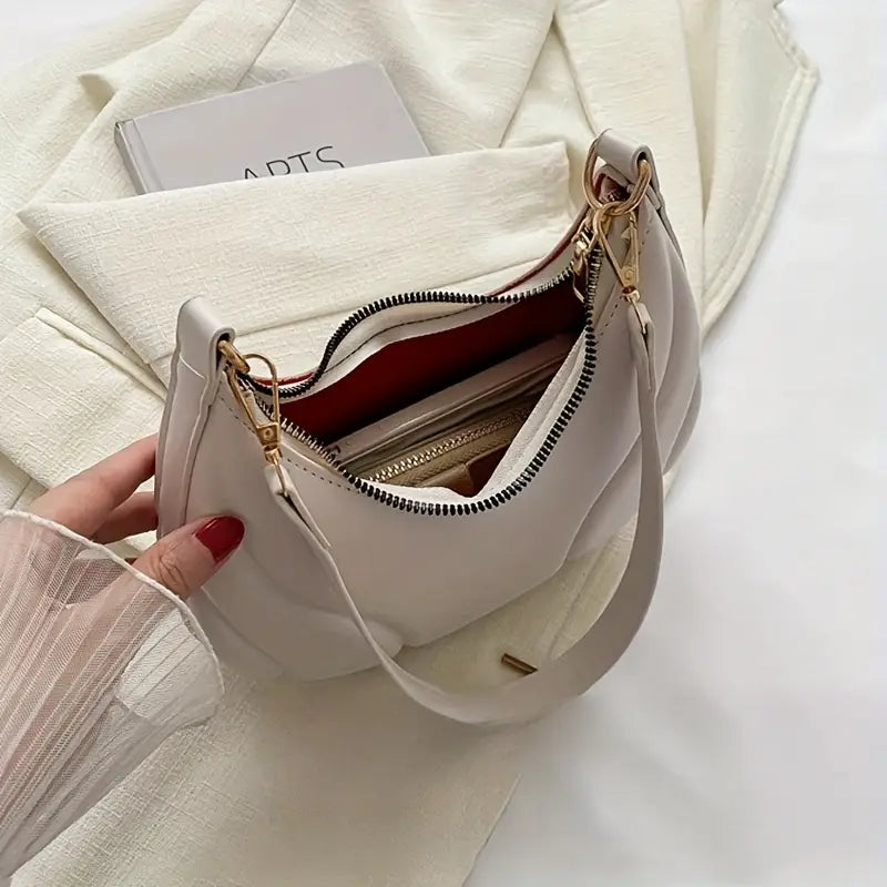 Stylish Women's French Shoulder Bag - Golden Metallic Texture Design