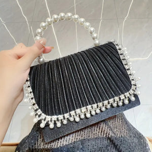 Elegant Pearl and Crystal Evening Clutch Bag - Large Capacity