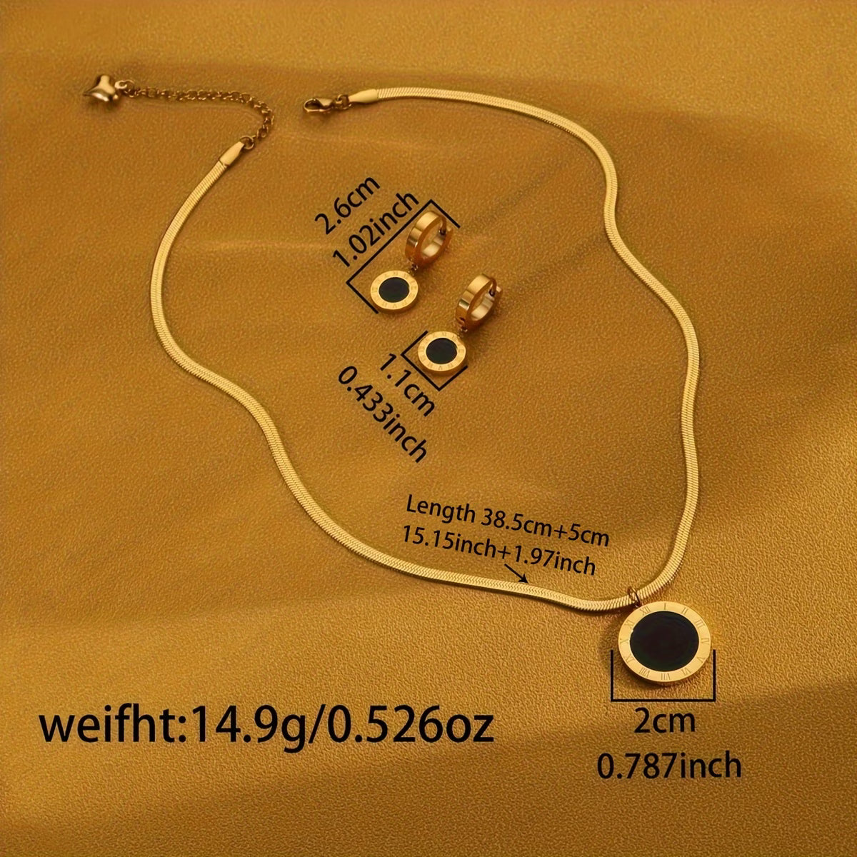 Three-Piece Retro Fashion Necklace and Earrings Set, 18K Gold Plated, Round Roman Pendant