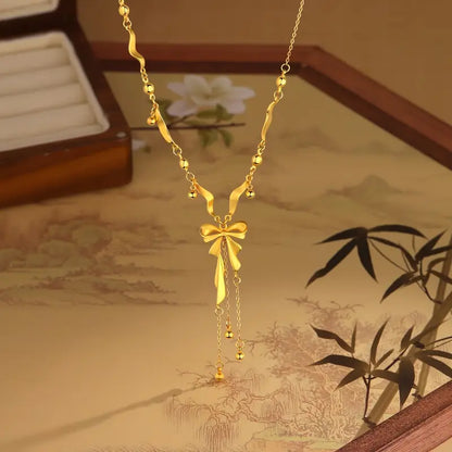 Elegant 18K Golden-Plated Bow Pendant Necklace for Women