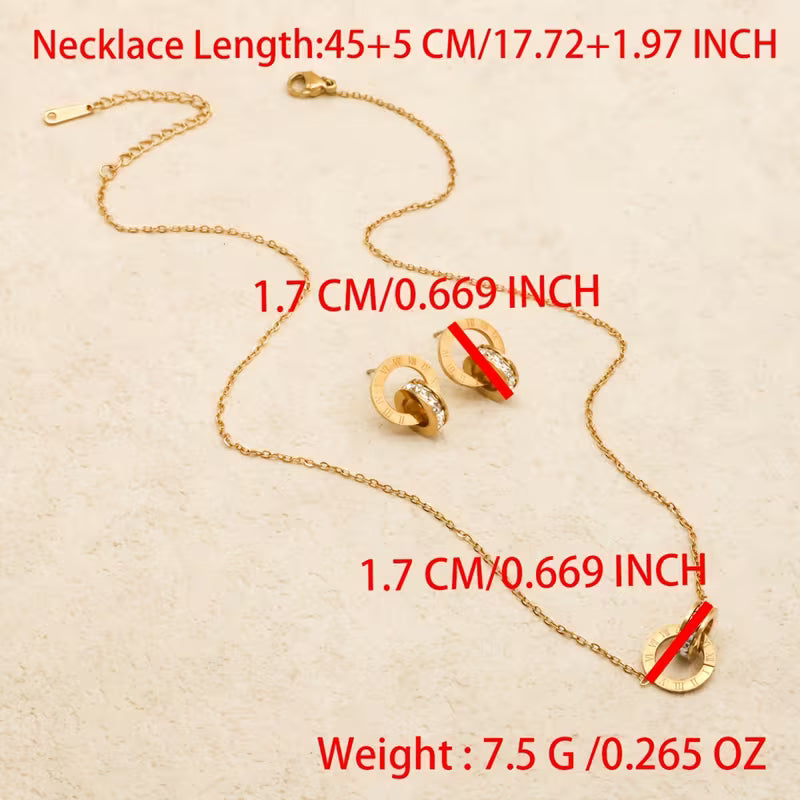 Exquisite And Charming Double Ring Stainless Steel Women's Earring Necklace Set