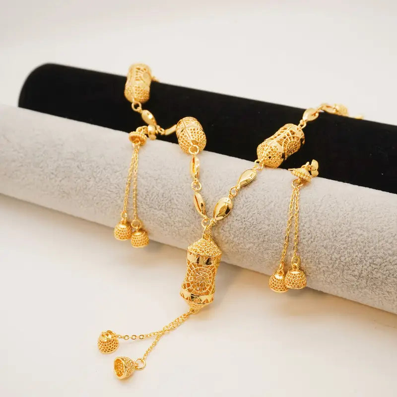 Luxury Lantern Pendant Necklace and Earrings Set, 18K Golden-Plated