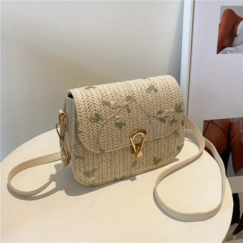 Stylish Mini Straw Crossbody Bag with Flower Lace