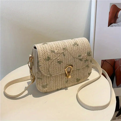 Stylish Mini Straw Crossbody Bag with Flower Lace