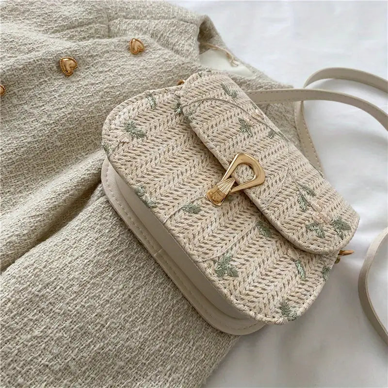 Stylish Mini Straw Crossbody Bag with Flower Lace