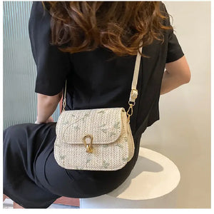 Stylish Mini Straw Crossbody Bag with Flower Lace