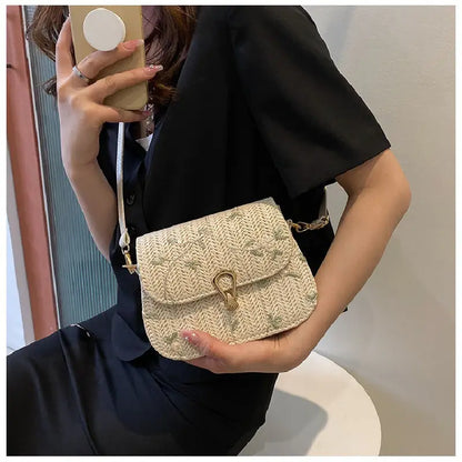 Stylish Mini Straw Crossbody Bag with Flower Lace
