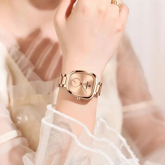 Luxury Stainless Steel Rose Golden Case, Elegant Casual Style