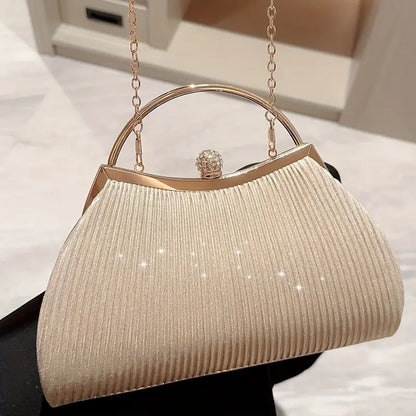 Pleated Glitter Clutch - Chic Evening Handbag with Metal Chain for Weddings