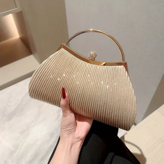 Pleated Glitter Clutch - Chic Evening Handbag with Metal Chain for Weddings