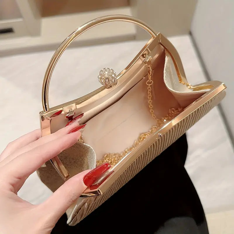Pleated Glitter Clutch - Chic Evening Handbag with Metal Chain for Weddings