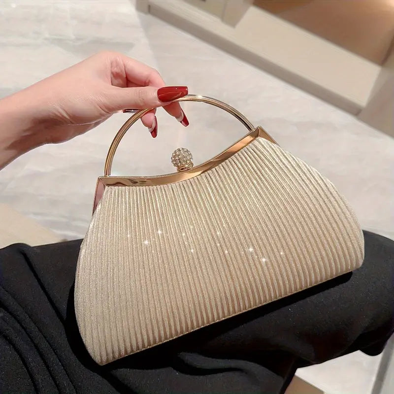 Pleated Glitter Clutch - Chic Evening Handbag with Metal Chain for Weddings