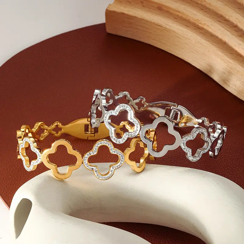 Stylish Stainless Steel Hollow Clover Bracelet, Suitable for Casual Attire