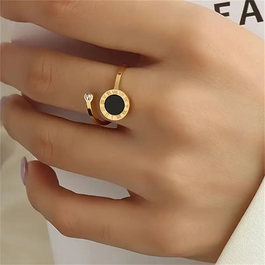 Roman Numeral Open Adjustable Ring - 18K gold plated