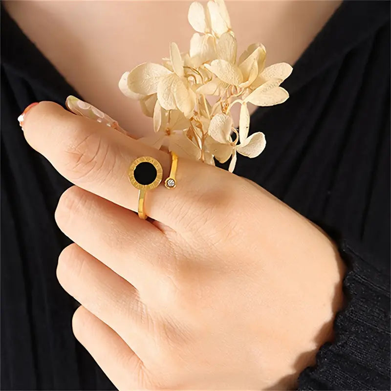 Roman Numeral Open Adjustable Ring - 18K gold plated