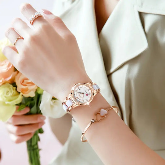 Luxury Ceramic Women's Watch with Rose Golden Case & White Dial