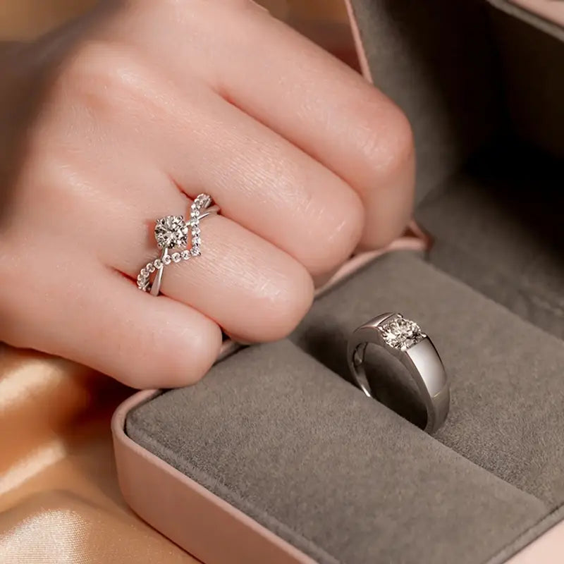 Cubic Synthetic Zirconia Wedding Ring Set - Adjustable Open Band