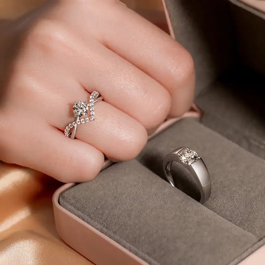 Cubic Synthetic Zirconia Wedding Ring Set - Adjustable Open Band