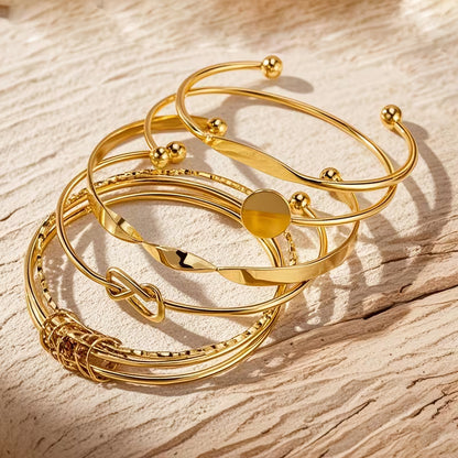 Vintage Wide Bracelet Set, Minimalist Geometric Open Beaded Golden Polished Bangle Jewelry