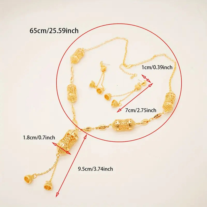 Luxury Lantern Pendant Necklace and Earrings Set, 18K Golden-Plated