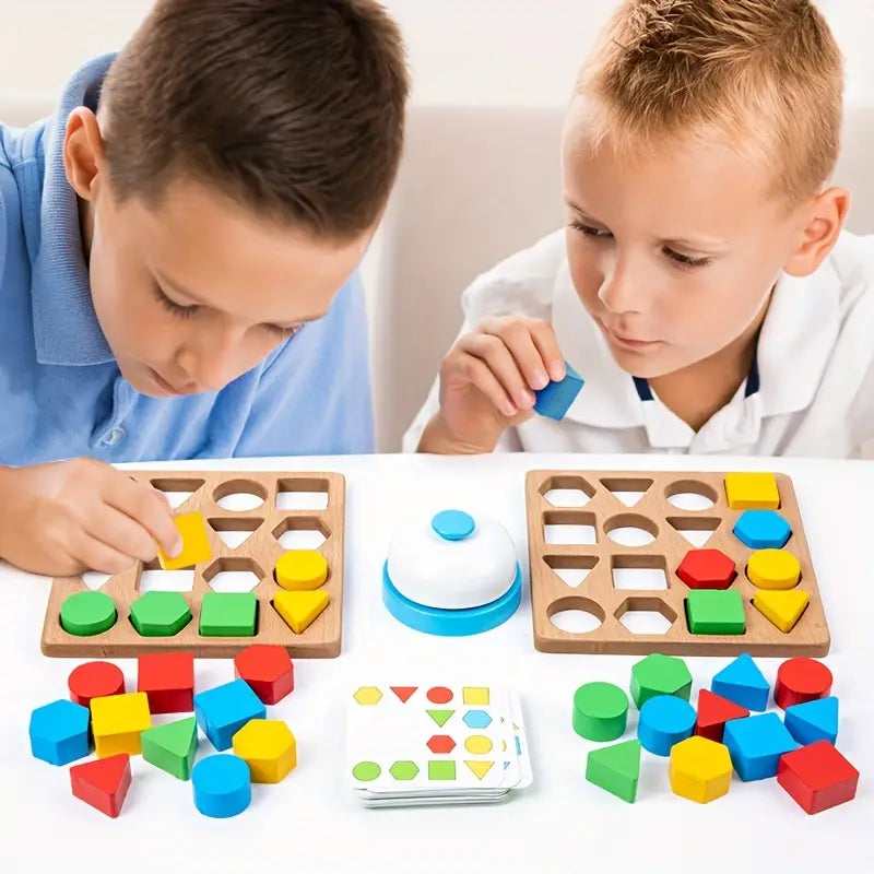 Wooden Dual-Player Battle Game - Geometric Shape Matching & Building Blocks