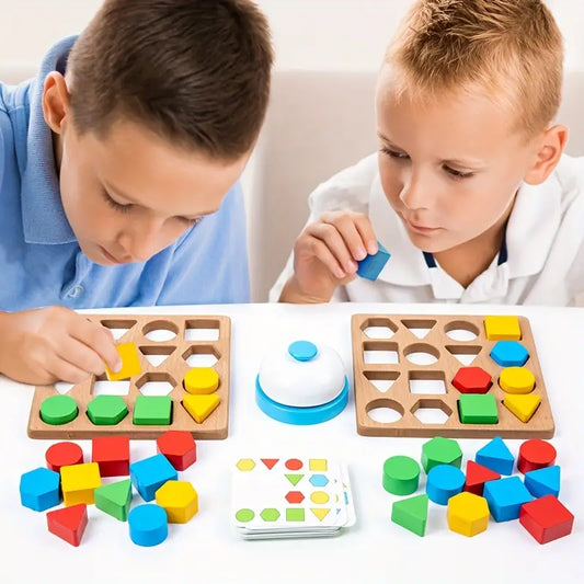 Wooden Dual-Player Battle Game - Geometric Shape Matching & Building Blocks