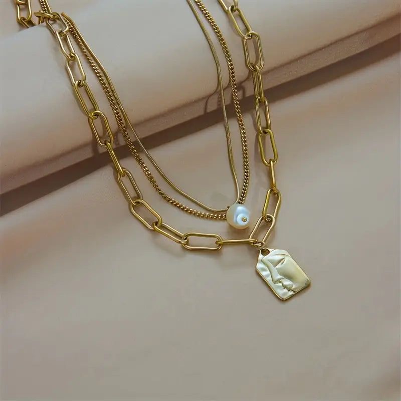Punk Street Trend Stainless Steel 3-Layer Square Portrait Pendant Necklace for Women