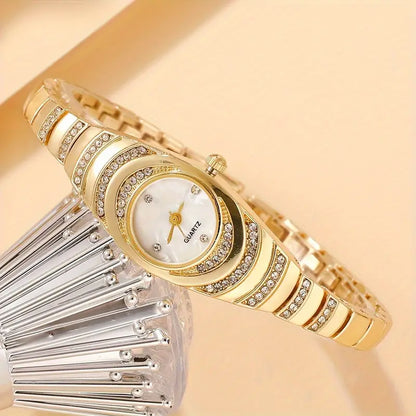 Elegant Women's Golden-Tone Quartz Watch with Sparkling Rhinestone Band