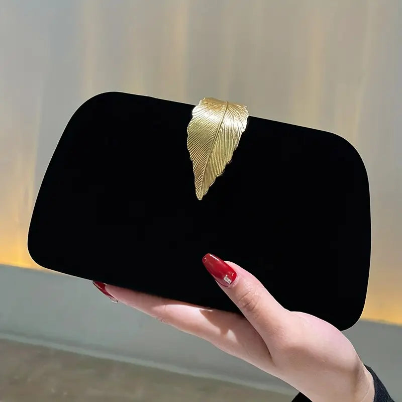 Evening Clutch Purse with Golden Leaf Design - Synthetic Leather Handbag